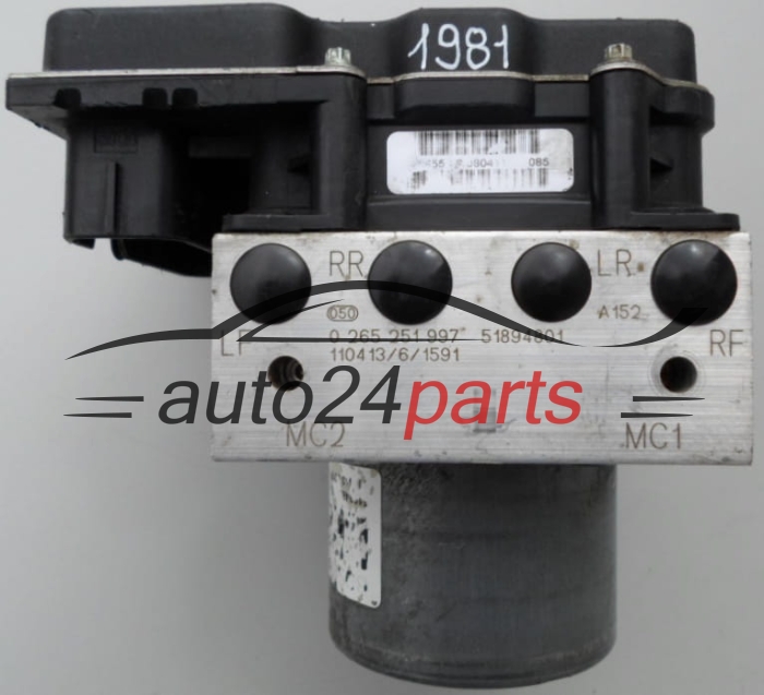 POMPE HYDRAULIQUE ET CALCULATEUR d'ABS FIAT PUNTO EVO BOSCH 0 265 251 997,  51894801, 0 265 951 832