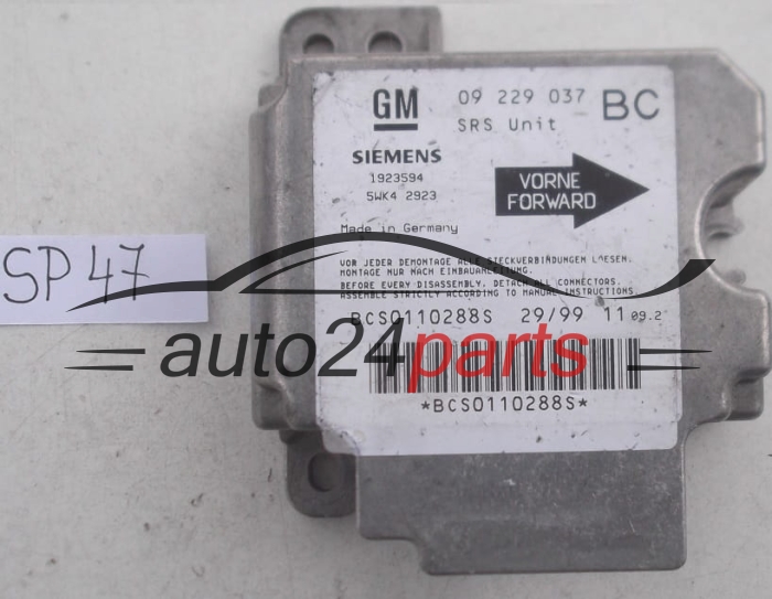 AIRBAG STEUERGERAT OPEL ASTRA G ZAFIRA A 09229037 BC, 09 229 037 BC, 9192916, 6237062, 62 37 062, SIEMENS 1923594 5WK42923 , 5WK4 2923 