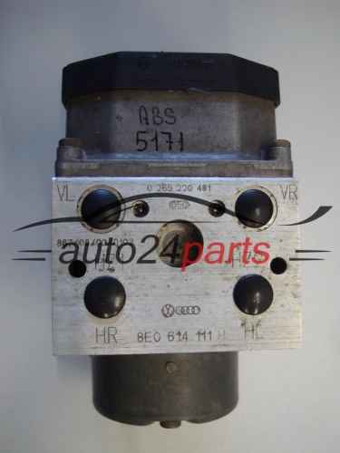 ABS POMPA I STEROWNIK AUDI VW SKODA BOSCH 0 265 220 481, 0265220481, 8E0 614 111 H, 8E0614111H, 0 273 004 286, 0273004286