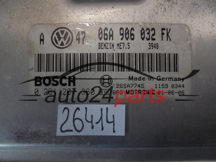 KOMPUTER STEROWNIK SILNIKA VW VOLKSWAGEN POLO 1.4 BOSCH 0261207360, 0 261 207 360, 06A906032FK, 06A 906 032 FK, BENZIN ME7.5 3948, 26SA7745
