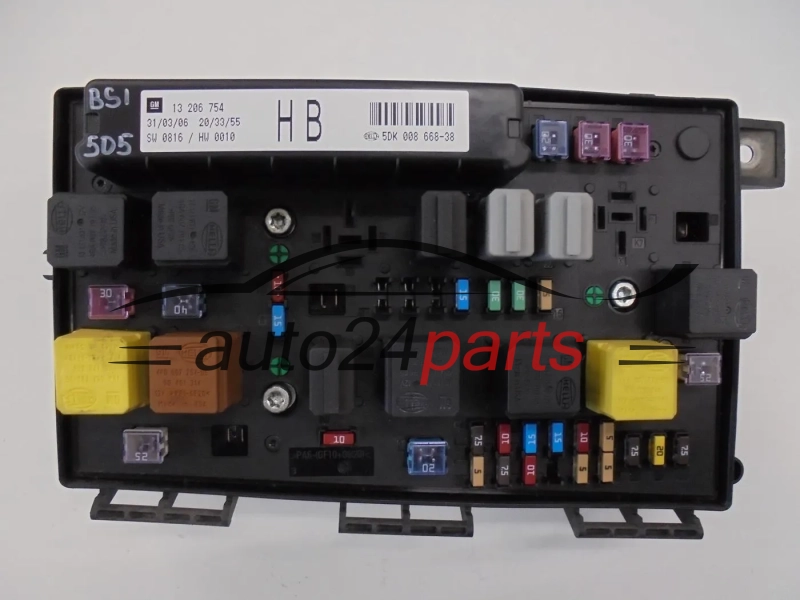 SKRZYNKA ELEKTRYCZNA PRZEKAŻNIKÓW I BEZPIECZNIKÓW MODUŁ NADWOZIA CENTRALKA KOMFORTU BSI PRZEDNIA OPEL ASTRA H ZAFIRA B GM 13 206 754 HB, 13206754 HB, HELLA 5DK 008 668-38, 5DK008668-38, 5DK00866838