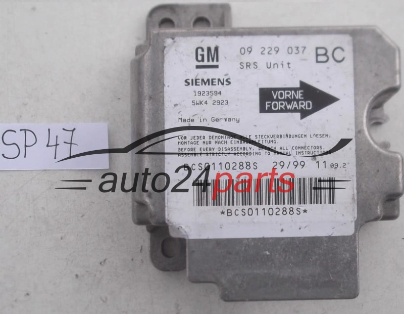 STEROWNIK MODUL PODUSZEK POWIETRZNYCH OPEL ASTRA G ZAFIRA A 09229037 BC, 09 229 037 BC, 9192916, 6237062, 62 37 062, SIEMENS 1923594 5WK42923