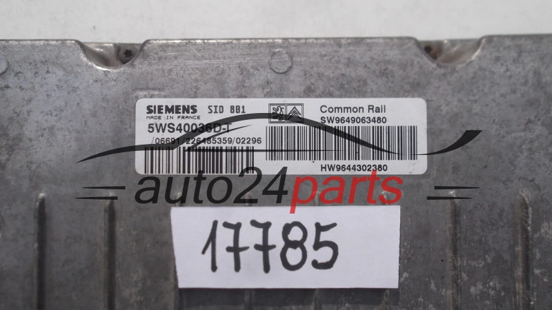 KOMPUTER STEROWNIK SILNIKA CITROEN PEUGEOT 2.0 HDI SIEMENS 5WS40036D-T, 5WS40036DT, SW 9649063480, HW 9644302380