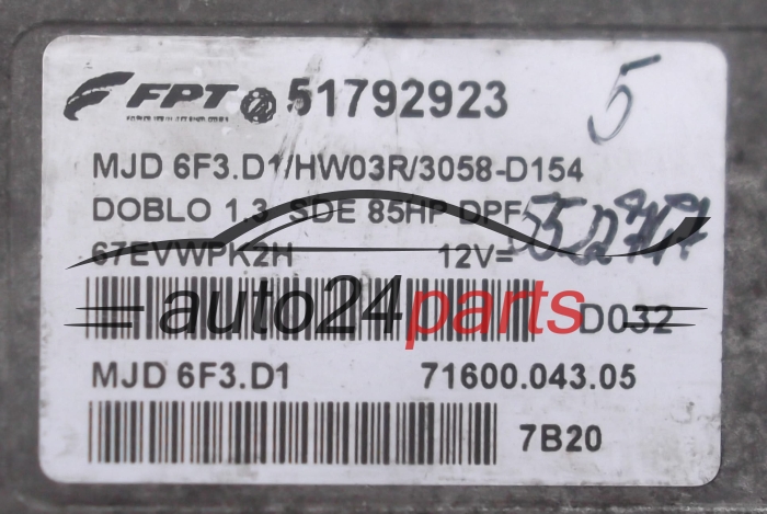 MOTORSTEUERGERÄT ECU STEUERGERAT FIAT DOBLO 1.3 JTD MAGNETI MARELLI MJD 6F3.D1, MJD6F3D1, FPT 51792923, 71600.043.05