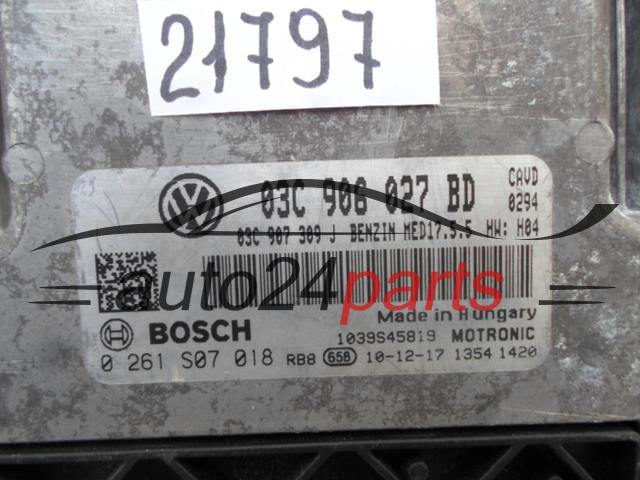 MOTORSTEUERGERÄT ECU STEUERGERAT VW VOLKSWAGEN SKODA 1.4 TSI CAVD BOSCH 0 261 S07 018, 0261S07018, 03C 906 027 BD, 03C906027BD, MED17.5.5