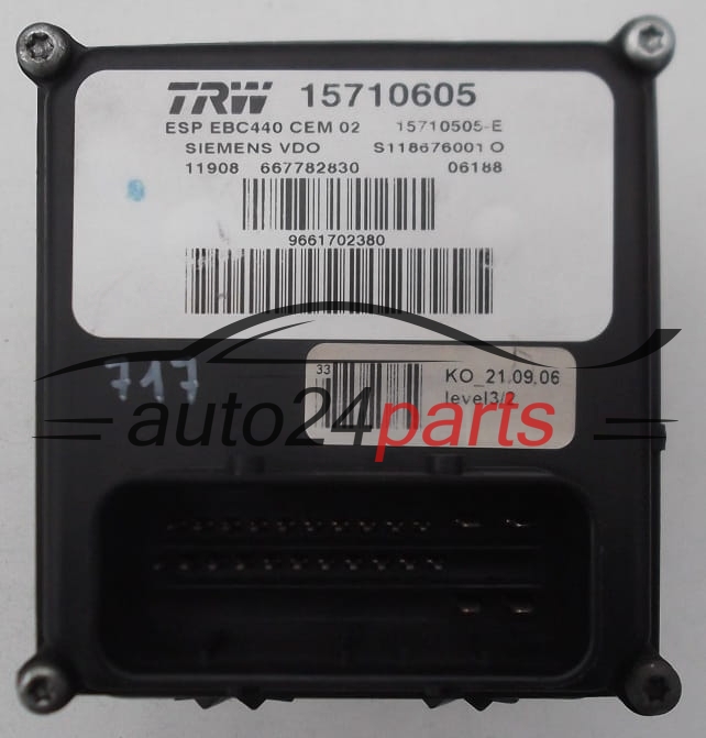 POMPE HYDRAULIQUE ET CALCULATEUR d'ABS PEUGEOT 407 SIEMENS VDO S118676001O, TRW 15710605, 15710505E, 9661702380