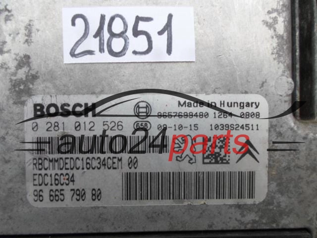 KOMPUTER STEROWNIK SILNIKA PEUGEOT 207 1.4 HDI BOSCH 0 281 012 526, 0281012526, 96 665 790 80, 9666579080, 9657699480 EDC16C34, 1039S24511