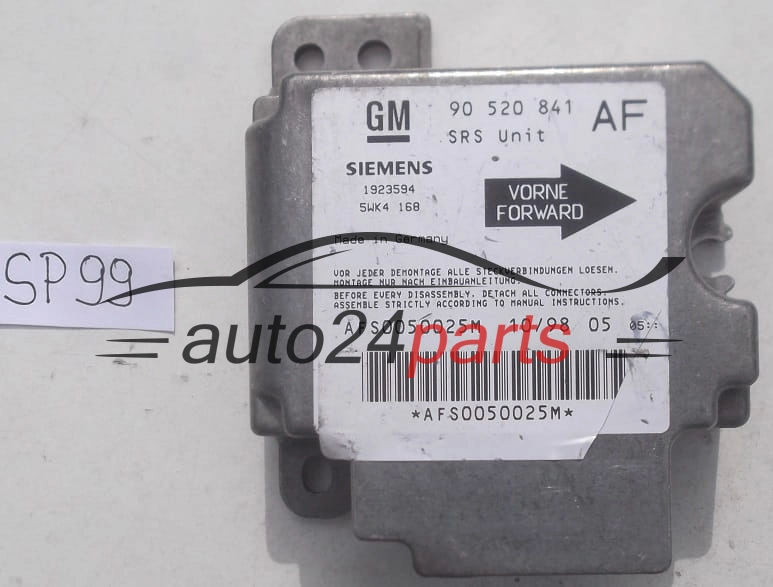STEROWNIK MODUL PODUSZEK POWIETRZNYCH OPEL ASTRA G ZAFIRA A 90520841 AF, 90 520 841 AF, 9117205, 6237758, 62 37 758, SIEMENS 1923594 5WK4168