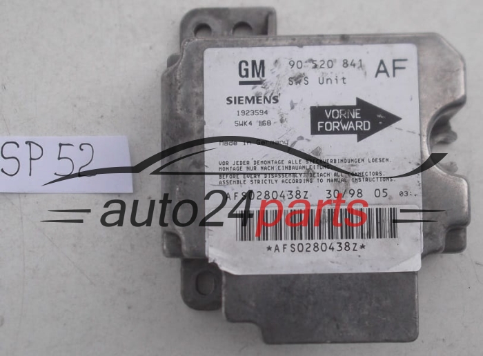 STEROWNIK MODUL PODUSZEK POWIETRZNYCH OPEL ASTRA G ZAFIRA A 90520841 AF, 90 520 841 AF, 9117205, 6237758, 62 37 758, SIEMENS 1923594 5WK4168