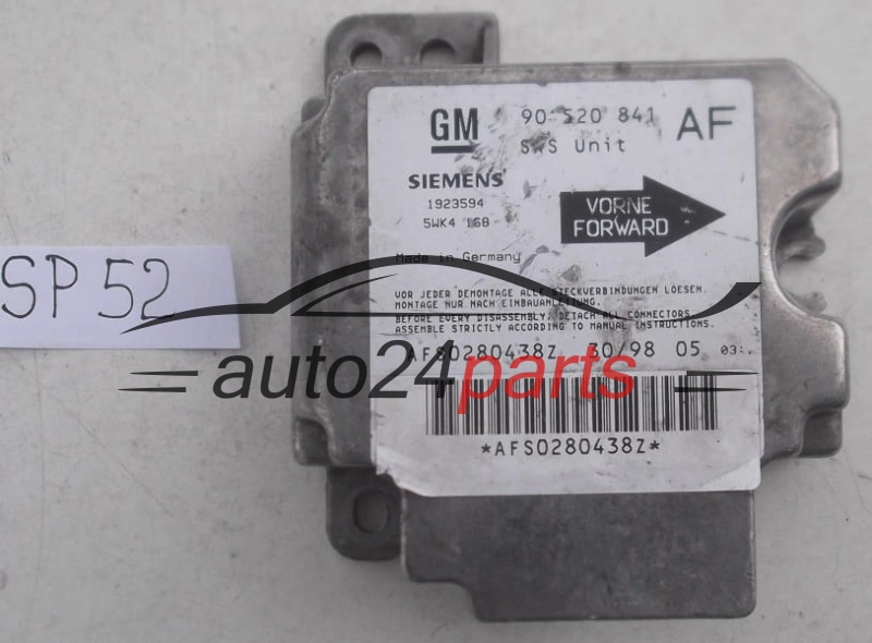 STEROWNIK MODUL PODUSZEK POWIETRZNYCH OPEL ASTRA G ZAFIRA A 90520841 AF, 90 520 841 AF, 9117205, 6237758, 62 37 758, SIEMENS 1923594 5WK4168