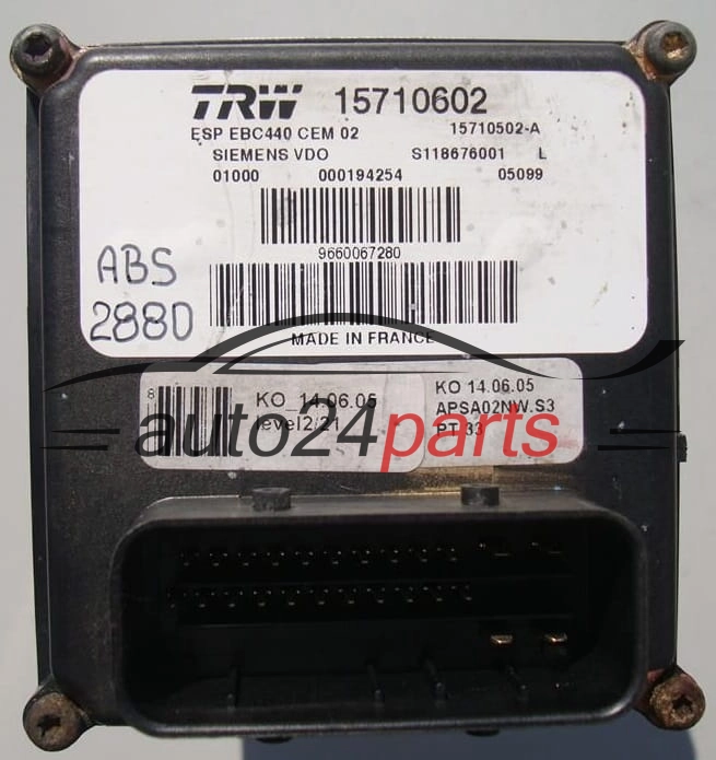 ABS POMPA I STEROWNIK PEUGEOT 407 TRW 15710602, 15710502-A, 15710502A, SIEMENS VDO S118676001 L, S118676001L
