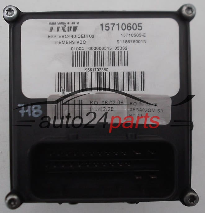 POMPE HYDRAULIQUE ET CALCULATEUR d'ABS PEUGEOT 407 SIEMENS VDO S118676001N, TRW 15710605, 15710505E, 9661702380