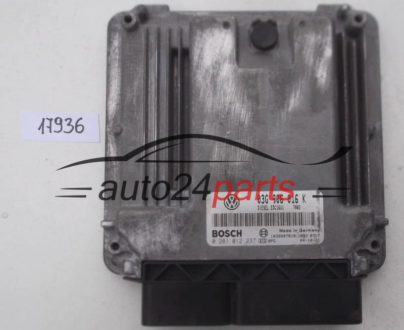 KOMPUTER STEROWNIK SILNIKA SKODA OCTAVIA 1.9 TDI BOSCH 0 281 012 237, 0281012237, 03G 906 016 K, 03G906016K, 1039S07818, EDC16U1