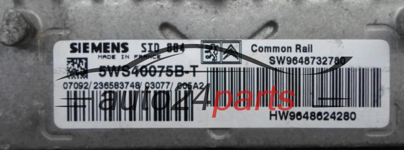 KOMPUTER STEROWNIK SILNIKA CITROEN PEUGEOT 1.4 HDI 5WS40075B-T, 5WS40075BT, SW9648732780, HW9648624280, SID 804 