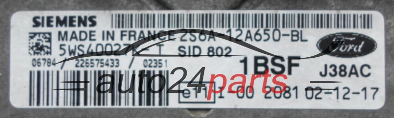 ECU CENTRALITA DE MOTOR  FORD FIESTA 1.4 TDCI SIEMENS 5WS40027K- T, SID 802, 1BSF 