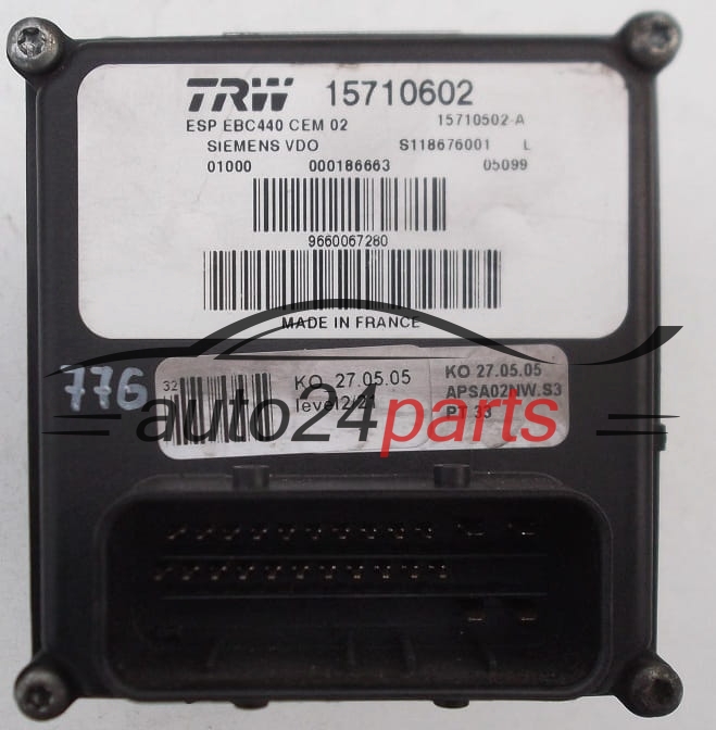 POMPE HYDRAULIQUE ET CALCULATEUR d'ABS PEUGEOT 407 TRW 15710602, 15710502-A,  SIEMENS VDO S118676001 L