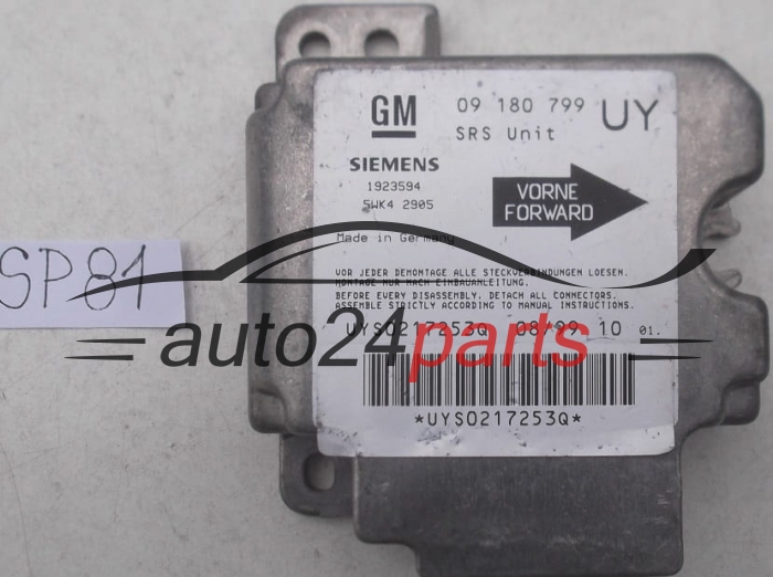 AIRBAG STEUERGERAT OPEL ASTRA G ZAFIRA A 09180799 UY, 09 180 799 UY, 9192130, 6237444, 62 37 444, SIEMENS 1923594 5WK42905 , 5WK4 2905