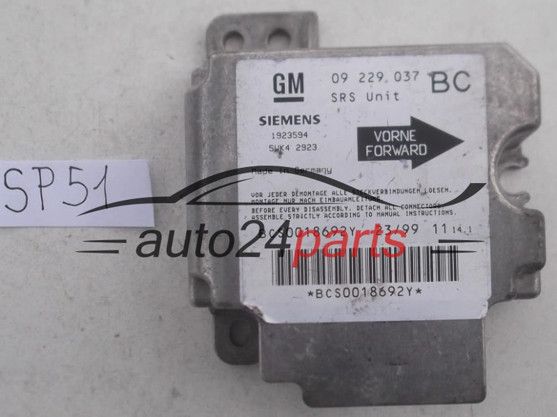 STEROWNIK MODUL PODUSZEK POWIETRZNYCH OPEL ASTRA G ZAFIRA A 09229037 BC, 09 229 037 BC, 9192916, 6237062, 62 37 062, SIEMENS 1923594 5WK42923