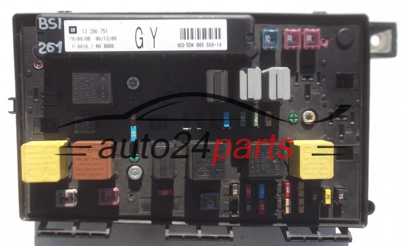 SKRZYNKA ELEKTRYCZNA PRZEKAŻNIKÓW I BEZPIECZNIKÓW MODUŁ NADWOZIA CENTRALKA KOMFORTU BSI OPEL ASTRA H GM 13 206 751 GY, 13206751 GY, HELLA 5DK 008 668-14, 5DK00866814